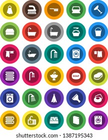 White Solid Icon Set- soap vector, scraper, fetlock, bucket, sponge, towel, bath, drying clothes, washer, washing powder, shower, sink