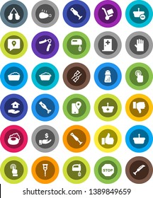 White Solid Icon Set- soap vector, foam basin, rubber glove, house hold, hand mill, mixer, blender, chicken leg, investment, trainer, boxing, traking, touchscreen, finger up, down, crutches, stop
