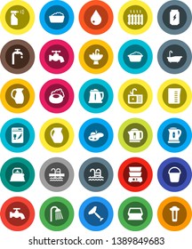 White Solid Icon Set- soap vector, scraper, bucket, sponge, water drop, tap, bath, foam basin, sprayer, shower, sink, kettle, measuring cup, double boiler, jug, enegry drink, pool, pond, supply