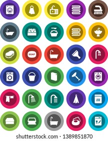 White Solid Icon Set- soap vector, scraper, fetlock, bucket, sponge, towel, bath, drying clothes, washer, washing powder, shower, sink, dishwasher