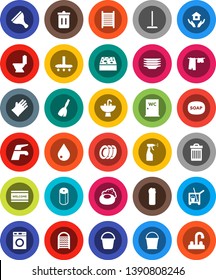White Solid Icon Set- soap vector, scraper, cleaner trolley, broom, water tap, vacuum, mop, bucket, sponge, trash bin, drop, welcome mat, toilet, drying clothes, washer, sprayer, cleaning agent
