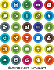 White Solid Icon Set- soap vector, clothespin, sponge, towel, garbage pile, microwave oven, plates, jug, calculator, scissors, document, shuttlecock, wood box, glass, no hook, big scales, rca, fence