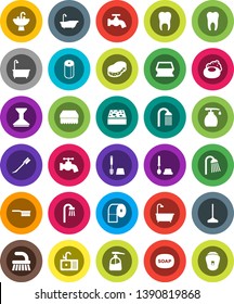 White Solid Icon Set- soap vector, fetlock, mop, sponge, water tap, car, bath, toilet brush, liquid, paper, shower, sink, tooth, epilator