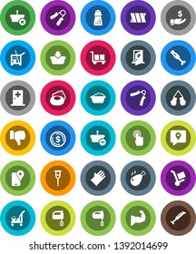 White Solid Icon Set- soap vector, cleaner trolley, foam basin, rubber glove, hand mill, mixer, blender, chicken leg, dollar coin, investment, trainer, muscule, boxing, traking, cargo, touchscreen