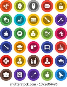 White Solid Icon Set- soap vector, cleaner trolley, car fetlock, drying clothes, spatula, toaster, graduate hat, apple fruit, crisis, manager, case, auction, receipt, no hook, flammable, film frame