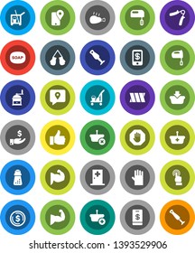 White Solid Icon Set- soap vector, cleaner trolley, rubber glove, hand mill, mixer, blender, chicken leg, dollar coin, investment, trainer, muscule, boxing, traking, touchscreen, finger up, bandage