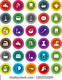 White Solid Icon Set- soap vector, water tap, fetlock, mop, sponge, car, bath, toilet brush, liquid, paper, shower, sink, tooth, epilator
