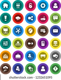 White Solid Icon Set- social media vector, notebook network, folder, server, cloud glass, shield, exchange, gear, equalizer, firewall, router, lan connector, share, home, favorites, message, bench