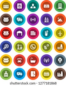 White Solid Icon Set- solar panel vector, windmill, fruit tree, mountain, garage, barn, rent signboard, rooms, low price, apartments, office building, search estate, consumer, bath, washer, heating