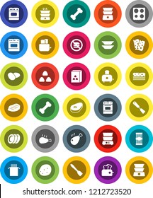 White Solid Icon Set- spatula vector, toaster, oven, double boiler, plates, cereal, pasta, potato, steak, chicken leg, breads, no fastfood, bone
