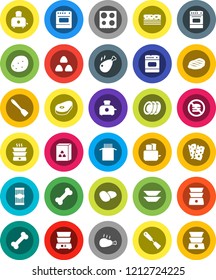 White Solid Icon Set- spatula vector, toaster, oven, double boiler, plates, cereal, pasta, potato, steak, chicken leg, breads, no fastfood, bone