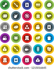 White Solid Icon Set- spatula vector, toaster, oven, double boiler, plates, cereal, pasta, potato, steak, chicken leg, breads, no fastfood, bone