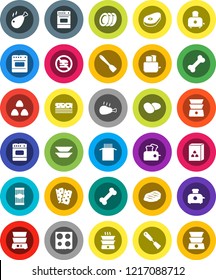 White Solid Icon Set- spatula vector, toaster, oven, double boiler, plates, cereal, pasta, potato, steak, chicken leg, breads, no fastfood, bone