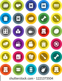 White Solid Icon Set- spatula vector, toaster, oven, double boiler, plates, cereal, pasta, potato, steak, chicken leg, breads, no fastfood, bone