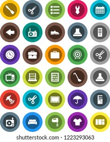 White Solid Icon Set- spatula vector, ladle, mixer, scissors, abacus, case, calendar, snickers, swimsuite, t shirt, target, clock, umbrella, radio, satellitie, tv, menu, arrow, cushioned furniture