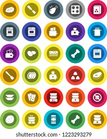 White Solid Icon Set- spatula vector, toaster, oven, double boiler, plates, cereal, pasta, potato, steak, chicken leg, breads, no fastfood, bone