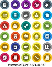 White Solid Icon Set- spatula vector, toaster, oven, double boiler, plates, cereal, pasta, potato, steak, chicken leg, breads, no fastfood, bone