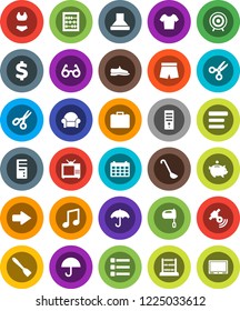 White Solid Icon Set- spatula vector, ladle, mixer, glasses, scissors, abacus, music, piggy bank, case, calendar, dollar sign, snickers, shorts, swimsuite, t shirt, target, umbrella, satellitie, tv