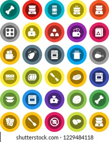 White Solid Icon Set- spatula vector, toaster, oven, double boiler, plates, cereal, pasta, potato, steak, chicken leg, breads, no fastfood, bone