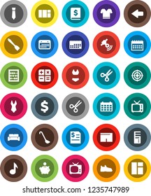 White Solid Icon Set- spatula vector, ladle, scissors, abacus, music, piggy bank, annual report, tie, calendar, dollar sign, snickers, shorts, swimsuite, t shirt, target, satellitie, tv, arrow