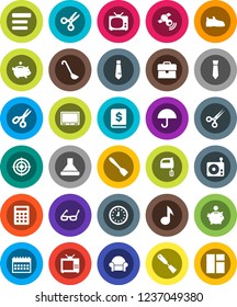White Solid Icon Set- spatula vector, ladle, mixer, glasses, scissors, music, piggy bank, case, annual report, clock, tie, calendar, snickers, target, umbrella, radio, satellitie, menu, tv, hood