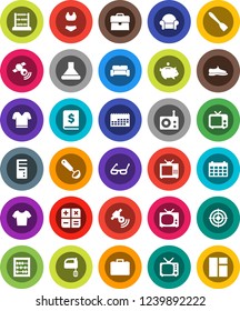 White Solid Icon Set- spatula vector, ladle, mixer, glasses, abacus, piggy bank, case, annual report, calendar, snickers, swimsuite, t shirt, target, radio, satellitie, tv, cushioned furniture, hood