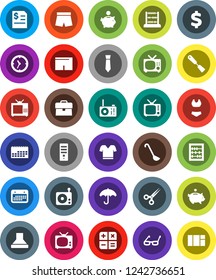 White Solid Icon Set- spatula vector, ladle, glasses, abacus, piggy bank, case, annual report, tie, dollar sign, shorts, swimsuite, t shirt, clock, calendar, umbrella, radio, tv, scissors, hood