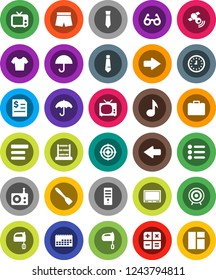 White Solid Icon Set- spatula vector, mixer, glasses, abacus, music, case, annual report, clock, tie, shorts, t shirt, target, calendar, umbrella, radio, satellitie, tv, menu, arrow, calculator