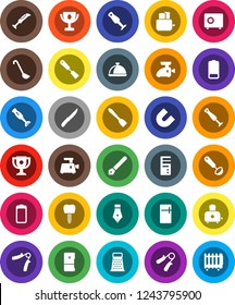 White Solid Icon Set- spatula vector, ladle, knife, grater, toaster, blender, dish, pen, award cup, magnet, safe, hand trainer, battery, tooth implant, fridge, meat grinder, computer, heater