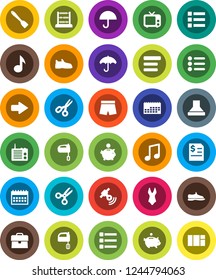 White Solid Icon Set- spatula vector, mixer, scissors, abacus, music, piggy bank, case, annual report, calendar, snickers, shorts, swimsuite, umbrella, satellitie, tv, menu, arrow, hood, radio