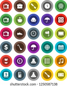 White Solid Icon Set- spatula vector, ladle, mixer, music, piggy bank, case, annual report, clock, calendar, dollar sign, snickers, swimsuite, target, umbrella, tv, menu, cushioned furniture, hood