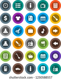 White Solid Icon Set- spatula vector, ladle, mixer, scissors, abacus, music, piggy bank, case, annual report, clock, tie, calendar, dollar sign, snickers, t shirt, radio, tv, arrow, calculator, menu