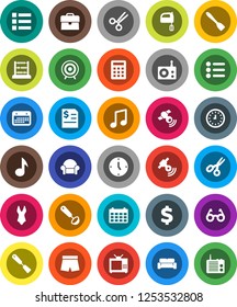 White Solid Icon Set- spatula vector, ladle, mixer, glasses, scissors, abacus, music, case, annual report, clock, calendar, dollar sign, shorts, swimsuite, target, radio, satellitie, tv, calculator