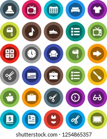 White Solid Icon Set- spatula vector, mixer, glasses, scissors, music, piggy bank, case, annual report, clock, calendar, snickers, swimsuite, t shirt, menu, arrow, cushioned furniture, tv, hood