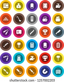 White Solid Icon Set- spatula vector, ladle, knife, grater, toaster, award cup, magnet, safe, gold ingot, hand trainer, consolidated cargo, battery, tooth implant, meat grinder, blender, computer