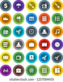 White Solid Icon Set- spatula vector, mixer, glasses, scissors, abacus, music, case, annual report, clock, dollar sign, snickers, shorts, target, calendar, umbrella, radio, tv, menu, calculator