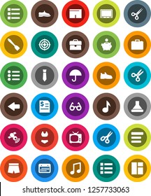 White Solid Icon Set- spatula vector, glasses, scissors, music, piggy bank, case, annual report, tie, snickers, shorts, swimsuite, target, calendar, umbrella, satellitie, menu, arrow, tv, hood