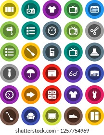 White Solid Icon Set- spatula vector, ladle, mixer, glasses, clock, tie, snickers, shorts, swimsuite, t shirt, calendar, umbrella, tv, scissors, menu, arrow, cushioned furniture, calculator, hood