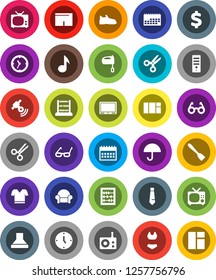 White Solid Icon Set- spatula vector, mixer, glasses, scissors, abacus, music, clock, tie, calendar, dollar sign, snickers, shorts, swimsuite, t shirt, umbrella, radio, satellitie, tv, hood, window