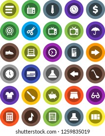 White Solid Icon Set- spatula vector, ladle, glasses, scissors, abacus, music, piggy bank, clock, tie, dollar sign, snickers, shorts, t shirt, target, calendar, umbrella, tv, menu, arrow, calculator