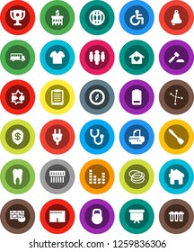 White Solid Icon Set- spatula vector, bell, clipboard, compass, award cup, school bus, constellation, auction, bank building, man, presentation board, shorts, hoop, weight, equalizer, battery, tooth