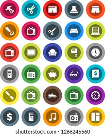 White Solid Icon Set- spatula vector, ladle, mixer, glasses, scissors, abacus, music, piggy bank, annual report, clock, dollar sign, snickers, shorts, radio, satellitie, tv, cushioned furniture
