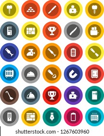 White Solid Icon Set- spatula vector, ladle, knife, toaster, blender, dish, pen, award cup, magnet, safe, gold ingot, consolidated cargo, battery, scalpel, tooth implant, fridge, meat grinder