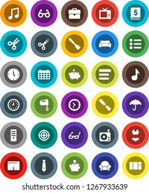 White Solid Icon Set- spatula vector, mixer, glasses, scissors, music, piggy bank, case, annual report, clock, tie, calendar, shorts, swimsuite, target, umbrella, radio, menu, cushioned furniture