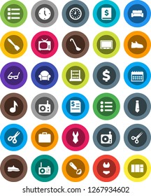 White Solid Icon Set- spatula vector, ladle, glasses, scissors, abacus, music, case, annual report, clock, tie, calendar, dollar sign, snickers, swimsuite, radio, menu, cushioned furniture, tv