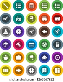 White Solid Icon Set- spatula vector, mixer, scissors, piggy bank, case, annual report, clock, calendar, shorts, target, umbrella, satellitie, menu, arrow, cushioned furniture, calculator, hood