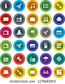 White Solid Icon Set- spatula vector, mixer, glasses, scissors, abacus, music, case, tie, calendar, shorts, target, umbrella, radio, satellitie, menu, cushioned furniture, tv, hood, computer, window