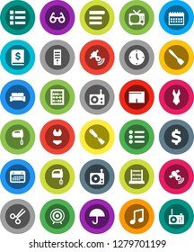 White Solid Icon Set- spatula vector, mixer, glasses, abacus, music, annual report, clock, calendar, dollar sign, shorts, swimsuite, target, umbrella, radio, satellitie, scissors, menu, computer, tv