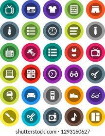 White Solid Icon Set- spatula vector, mixer, glasses, scissors, abacus, music, clock, tie, snickers, shorts, swimsuite, t shirt, calendar, radio, satellitie, tv, menu, cushioned furniture, computer