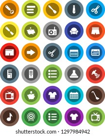 White Solid Icon Set- spatula vector, ladle, scissors, music, piggy bank, tie, calendar, shorts, t shirt, target, radio, satellitie, menu, arrow, cushioned furniture, tv, hood, computer